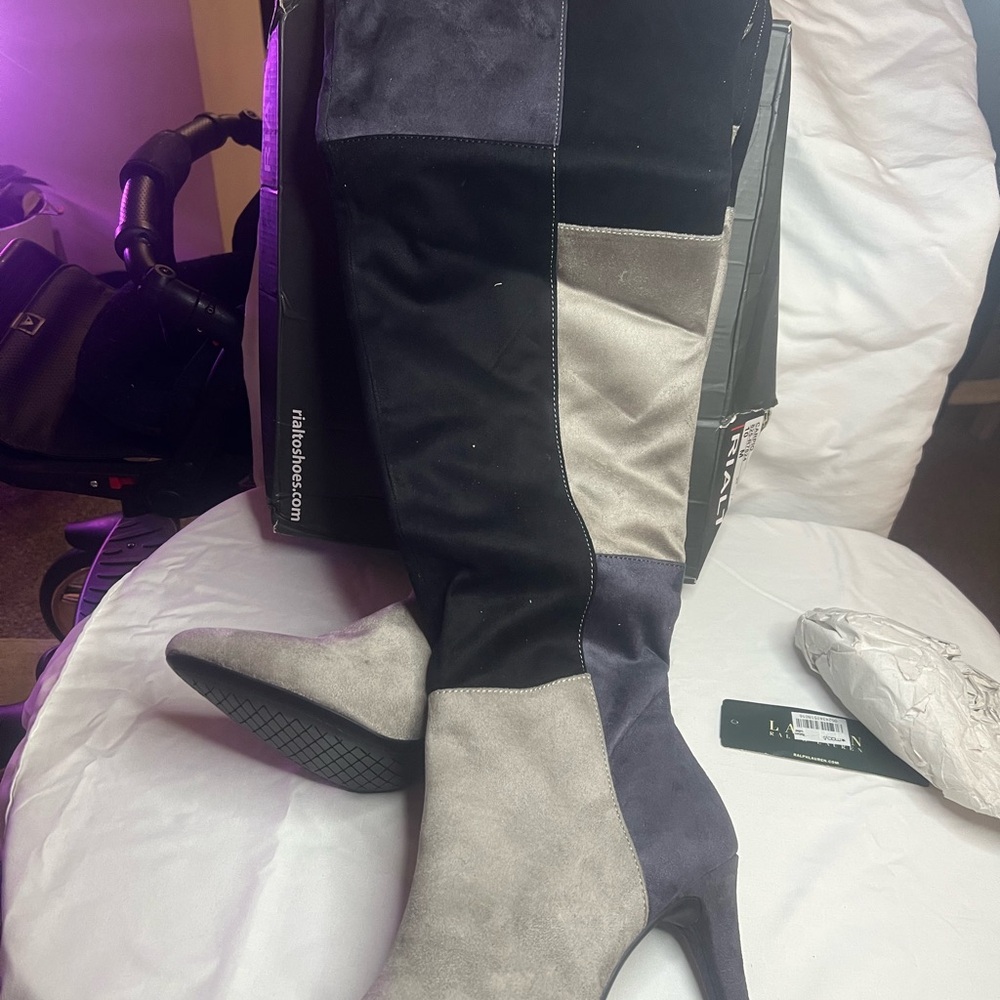 🔥Gray and Blue Colorblock Suedette Over the Knee Boots🔥